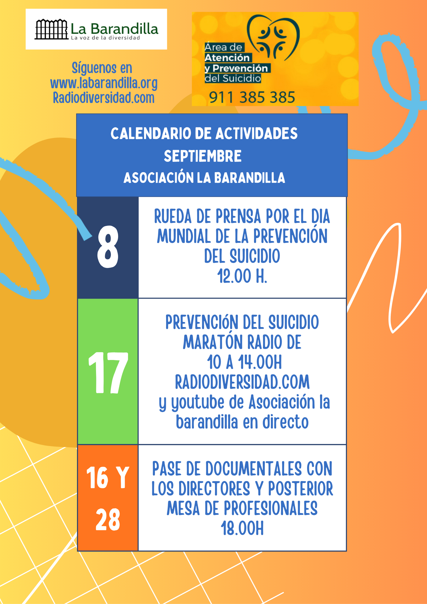 Calendario de actividades de La Barandilla por el Día Mundial de la Prevención del Suicidio: rueda de prensa, maratón de radio y documentales en septiembre de 2026.