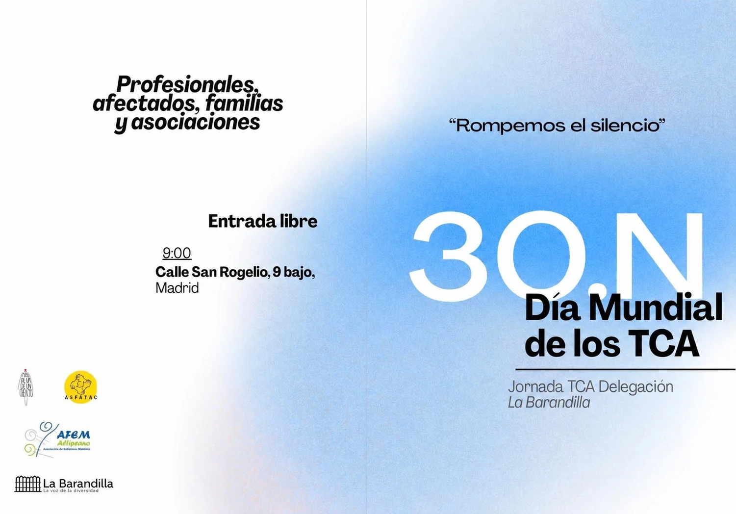 Cartel oficial de la jornada «Rompemos el silencio», 30 de noviembre a las 9:00 en la Asociación La Barandilla, Madrid.