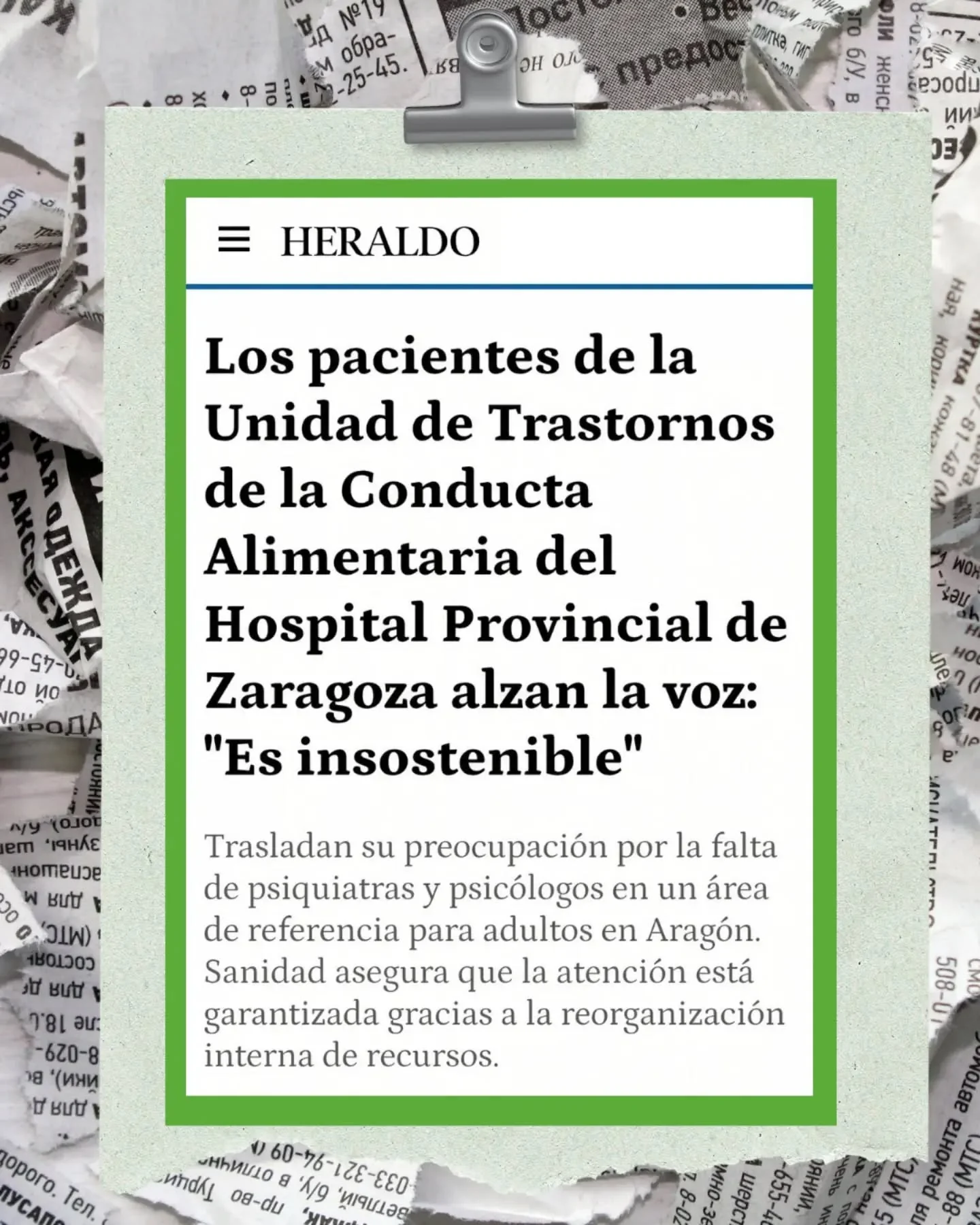 Noticia del Heraldo sobre la falta de profesionales en la Unidad de Trastornos de la Conducta Alimentaria del Hospital Provincial de Zaragoza.